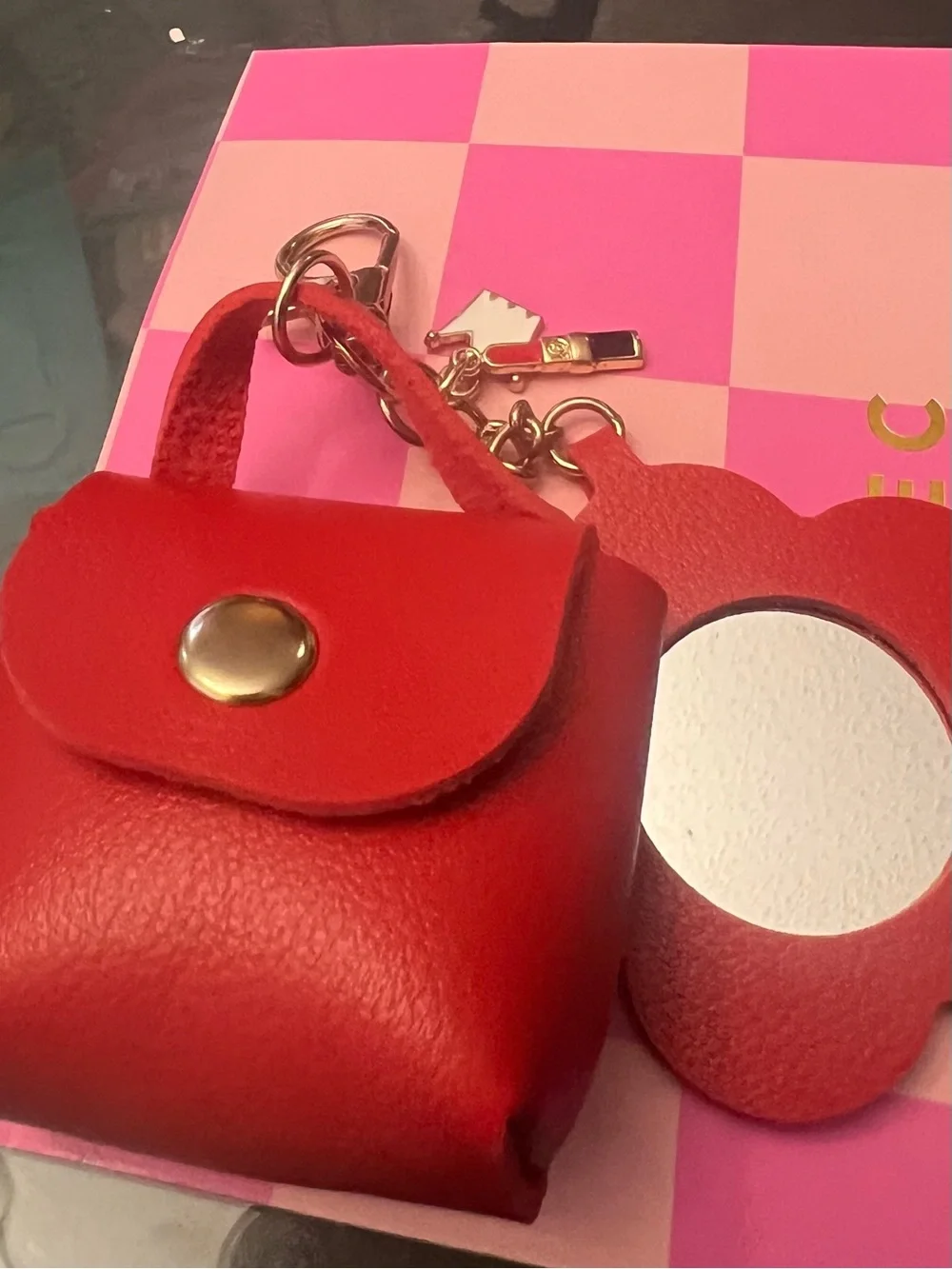 Mini Red Leather bag charm Purse with Mirror Charm, lipstick and crown charm.